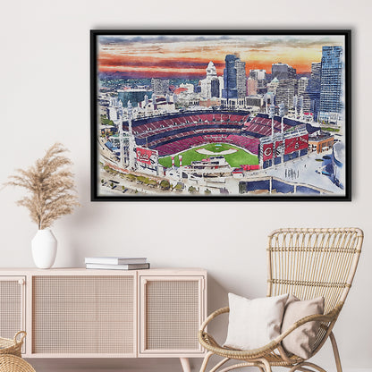 Great American Ball Park, Cincinnati Watercolor, Sport Gift Art, Framed Canvas Print Wall Art