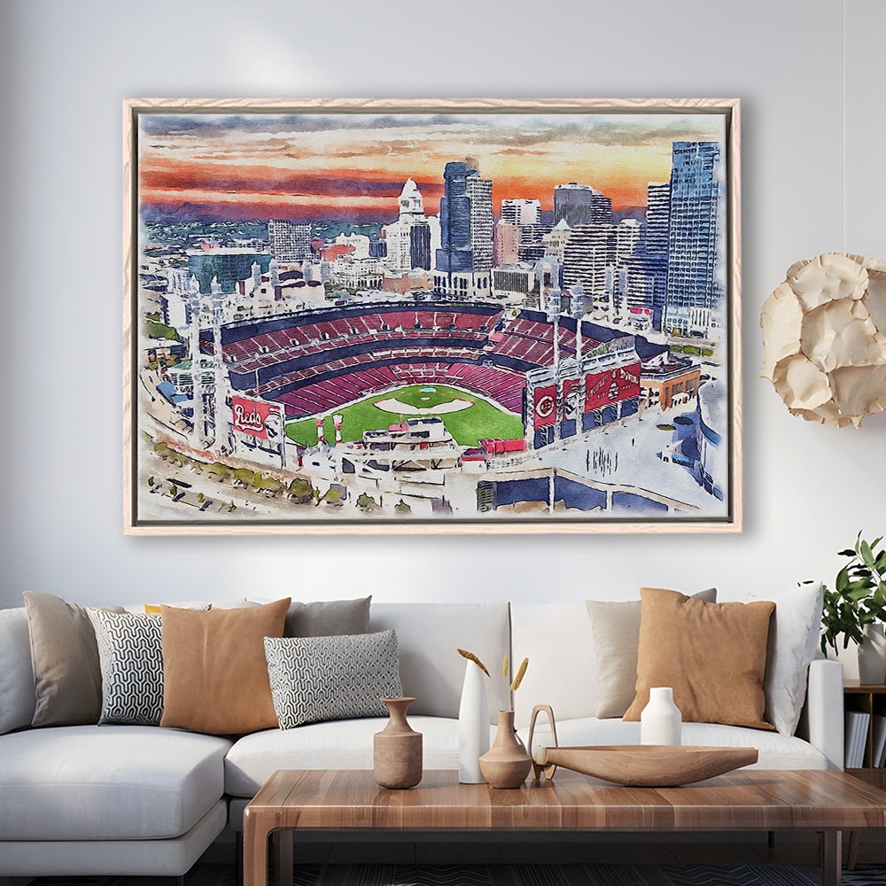 Great American Ball Park, Cincinnati Watercolor, Sport Gift Art, Framed Canvas Print Wall Art