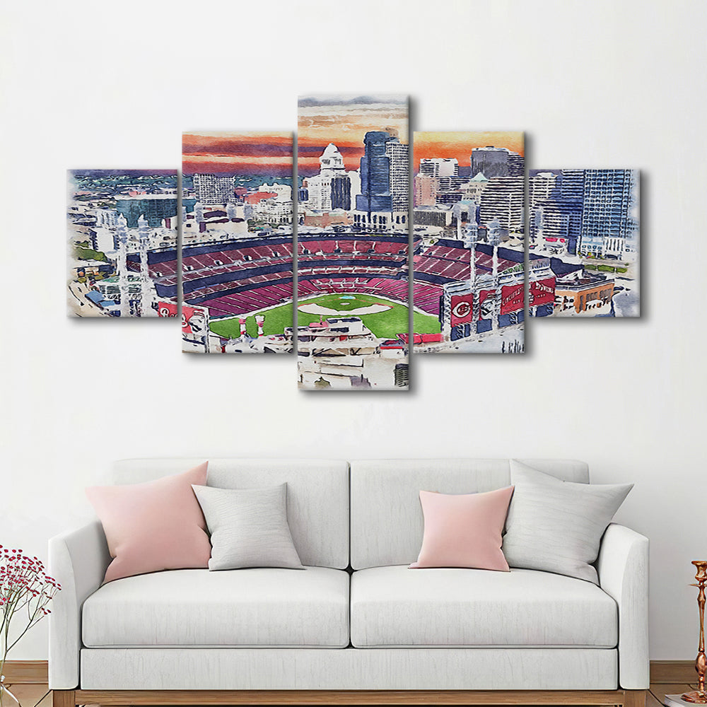 Great American Ball Park, Cincinnati Watercolor, Sport Art, Mixed 5 Panel, Canvas Print Wall Art