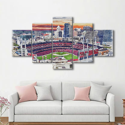 Great American Ball Park, Cincinnati Watercolor, Sport Art, Mixed 5 Panel, Canvas Print Wall Art