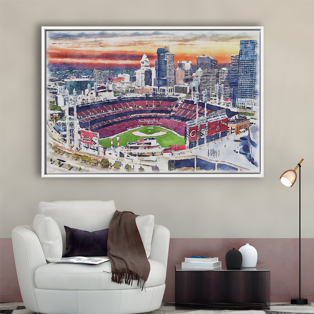 Great American Ball Park, Cincinnati Watercolor, Sport Gift Art, Framed Canvas Print Wall Art