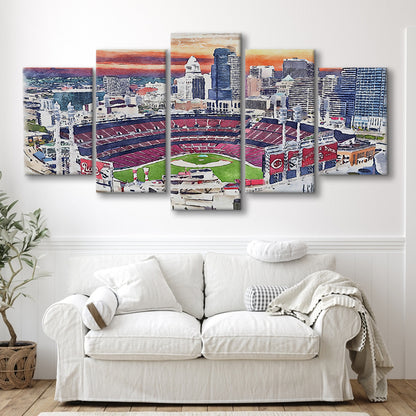 Great American Ball Park, Cincinnati Watercolor, Sport Art, Mixed 5 Panel, Canvas Print Wall Art
