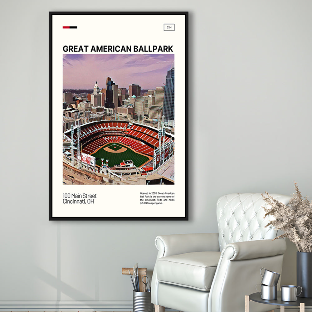 Great American Ball Park Print, Cincinnati Reds Stadium Canvas Art, Man Cave Gift, Floating Framed Canvas Print Wall Art