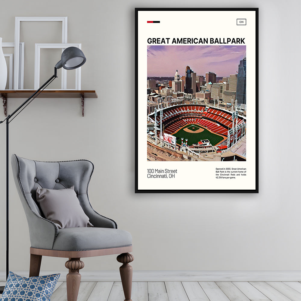 Great American Ball Park Print, Cincinnati Reds Stadium Canvas Art, Man Cave Gift, Floating Framed Canvas Print Wall Art