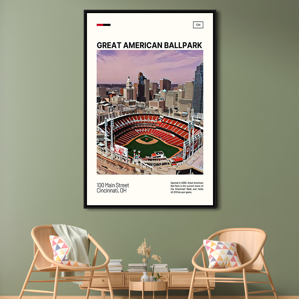 Great American Ball Park Print, Cincinnati Reds Stadium Canvas Art, Man Cave Gift, Floating Framed Canvas Print Wall Art
