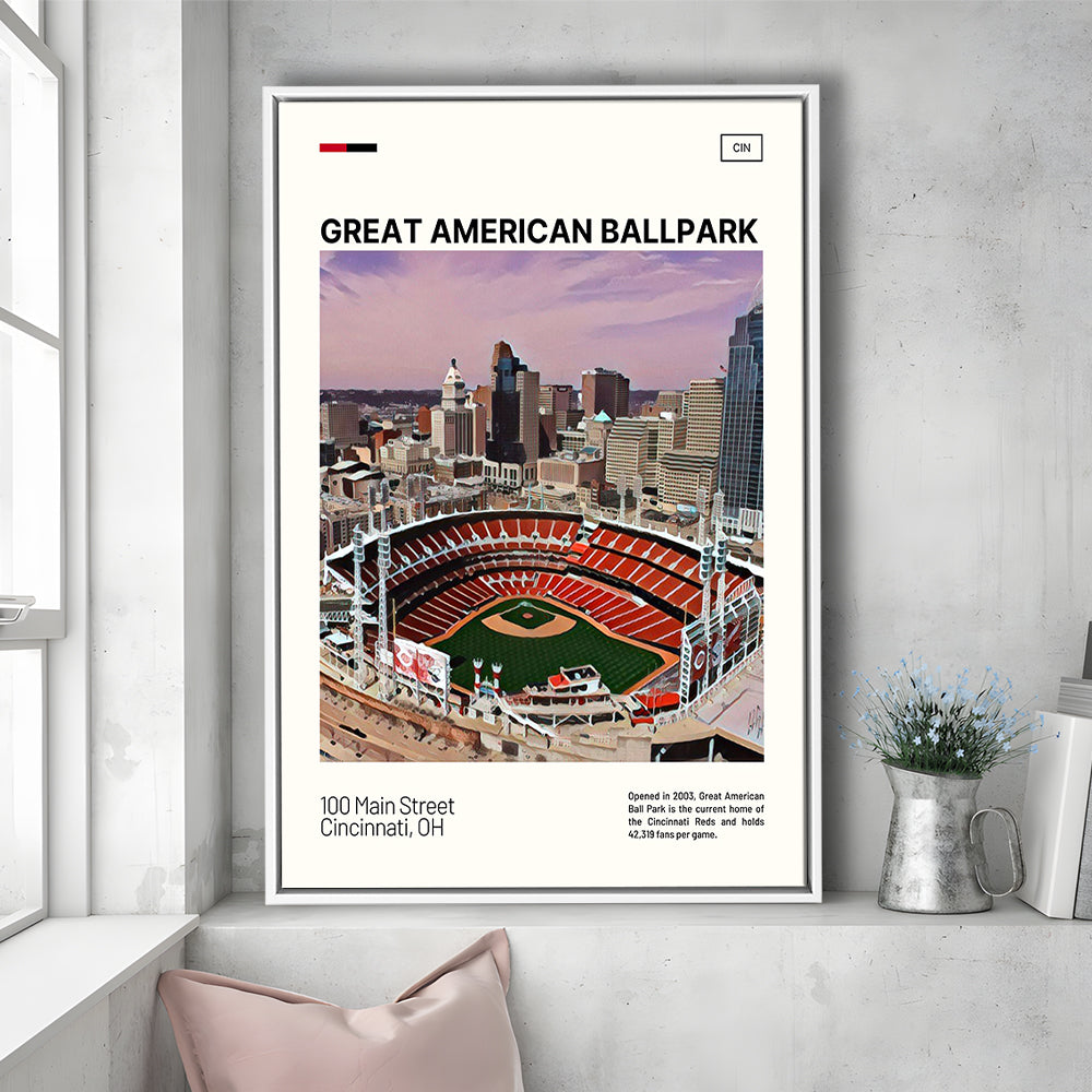 Great American Ball Park Print, Cincinnati Reds Stadium Canvas Art, Man Cave Gift, Floating Framed Canvas Print Wall Art