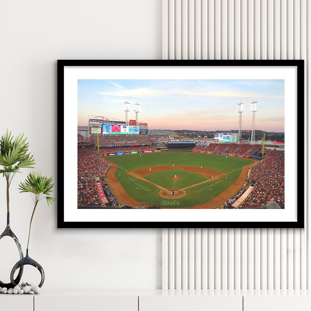 Great American Ball Park in Ohio, Stadium Canvas, Sport Art, Gift for him, White Border Framed Art Print Wall Decor