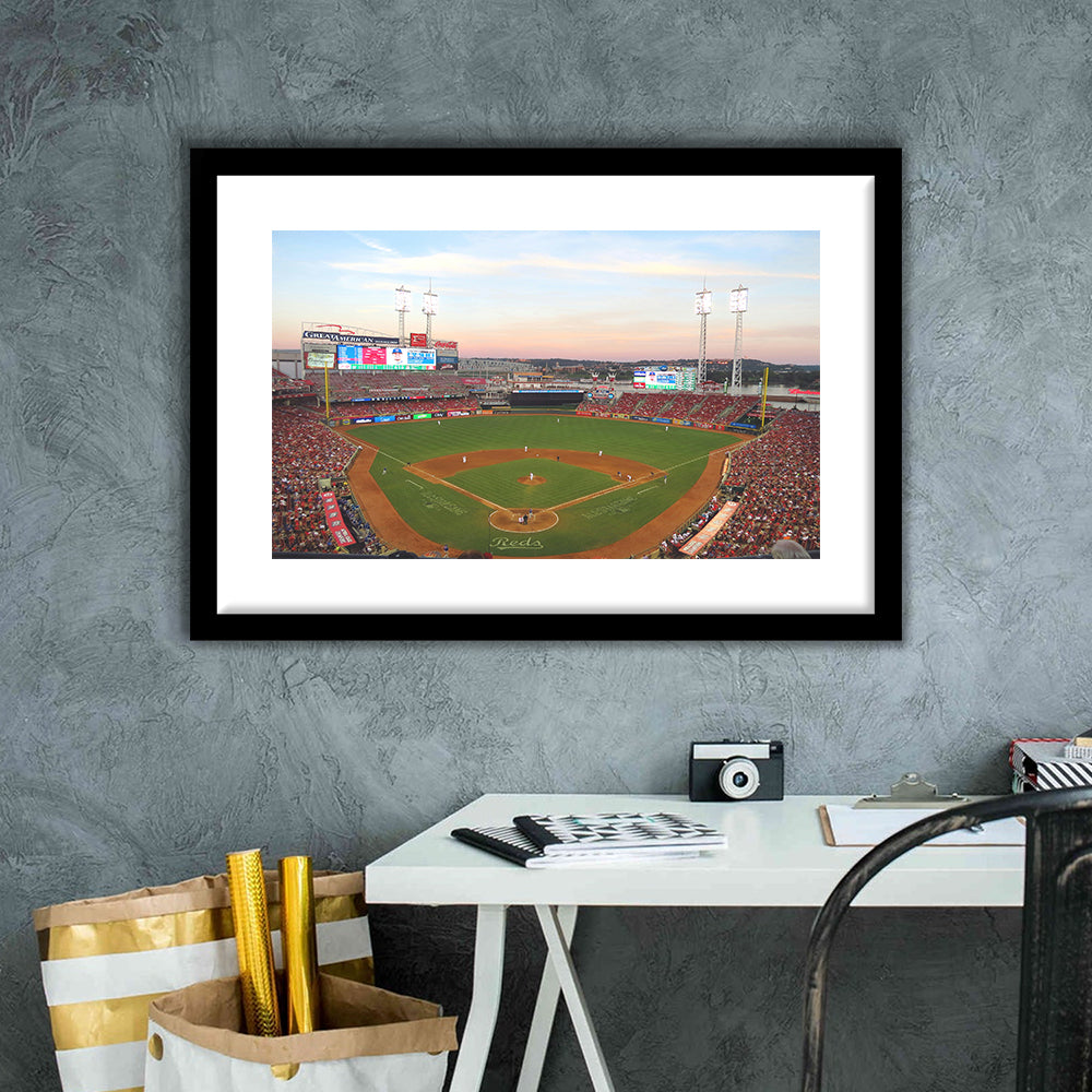 Great American Ball Park in Ohio, Stadium Canvas, Sport Art, Gift for him, White Border Framed Art Print Wall Decor
