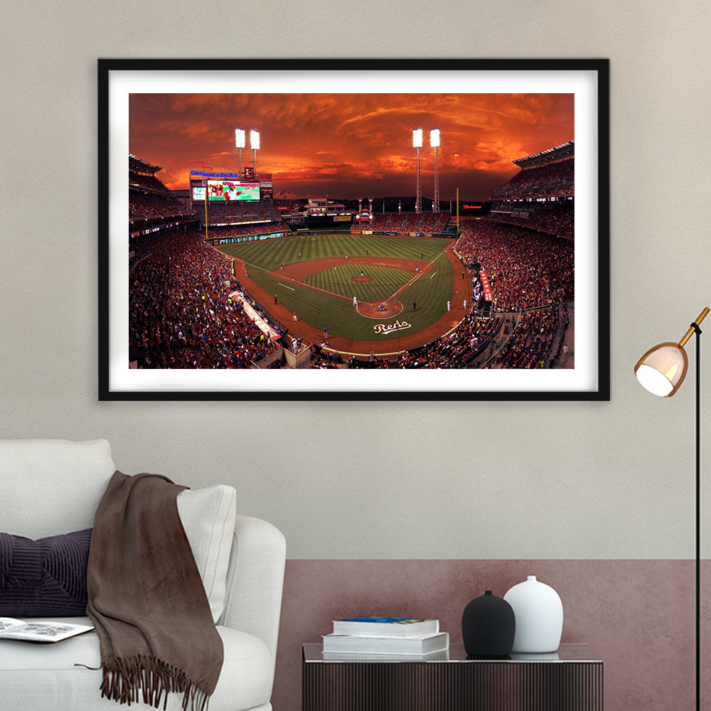Great American Ballpark, Stadium Canvas, Sport Art, Gift for him, White Border Framed Art Print Wall Decor