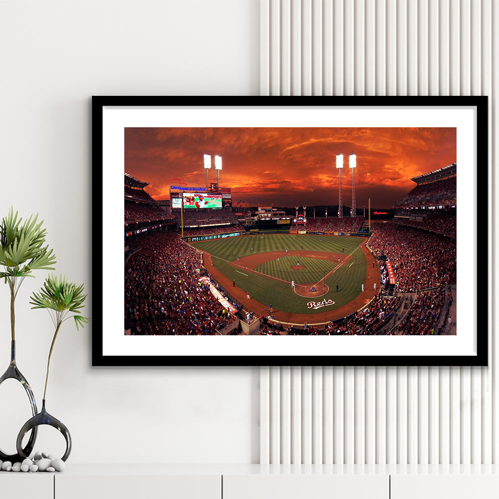 Great American Ballpark, Stadium Canvas, Sport Art, Gift for him, White Border Framed Art Print Wall Decor