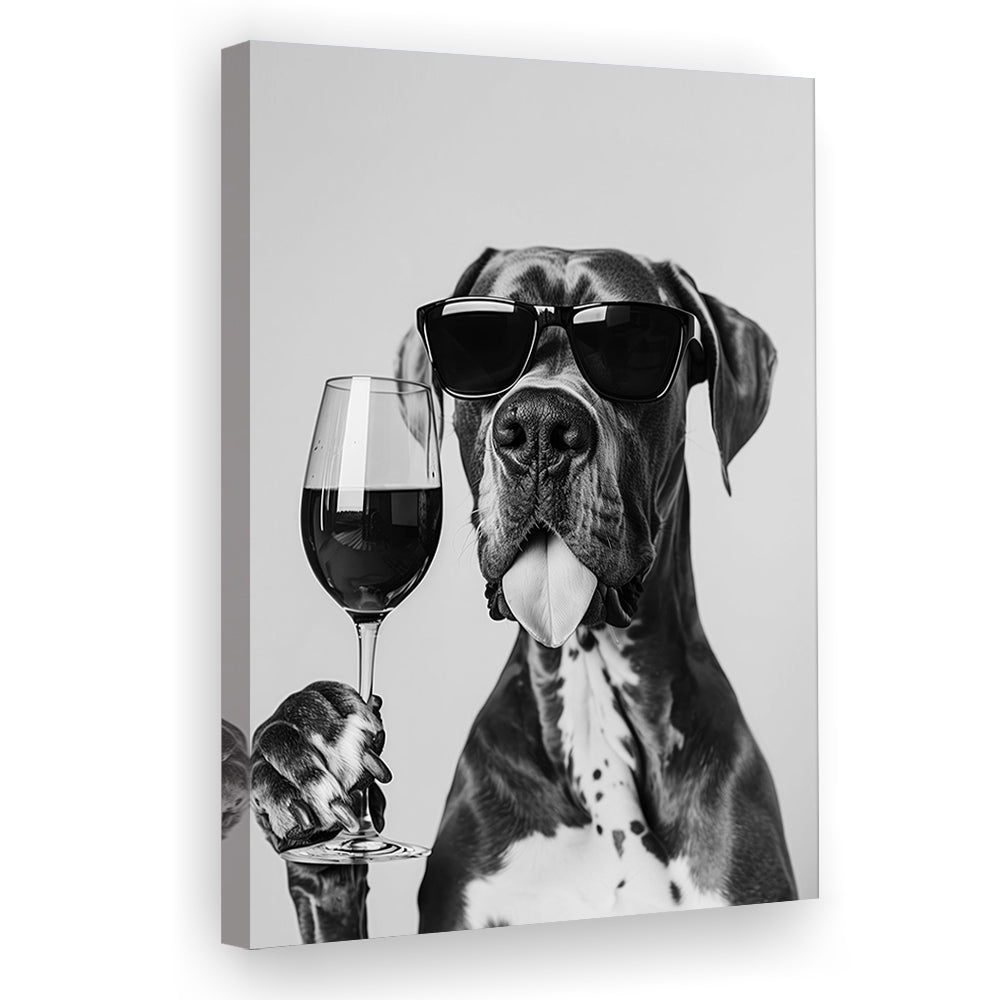 Great Dane Holding Wine Canvas Print Wall Art, Black and White, Bar Cart Art, Kitchen Wall Decor
