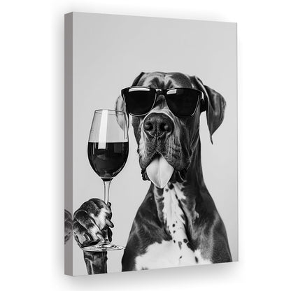Great Dane Holding Wine Canvas Print Wall Art, Black and White, Bar Cart Art, Kitchen Wall Decor