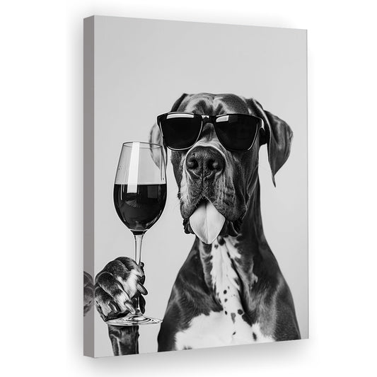 Great Dane Holding Wine Canvas Print Wall Art, Black and White, Bar Cart Art, Kitchen Wall Decor