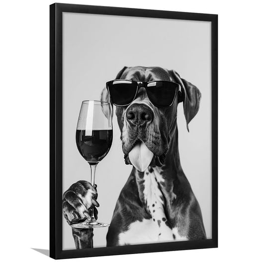 Great Dane Holding Wine Framed Art Print Wall Decor, Black and White, Bar Cart Art, Kitchen Wall Decor