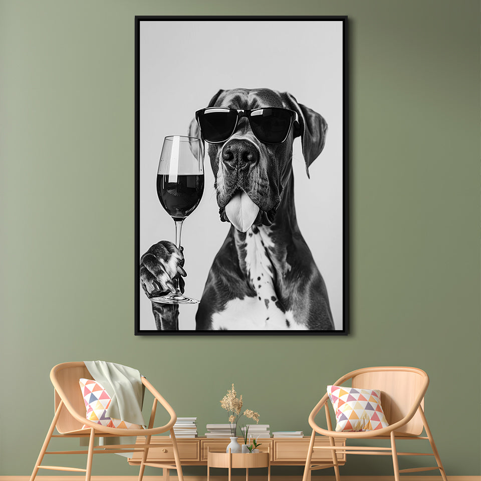 Great Dane Holding Wine Framed Canvas Print Wall Art, Black and White, Bar Cart Art, Kitchen Wall Decor