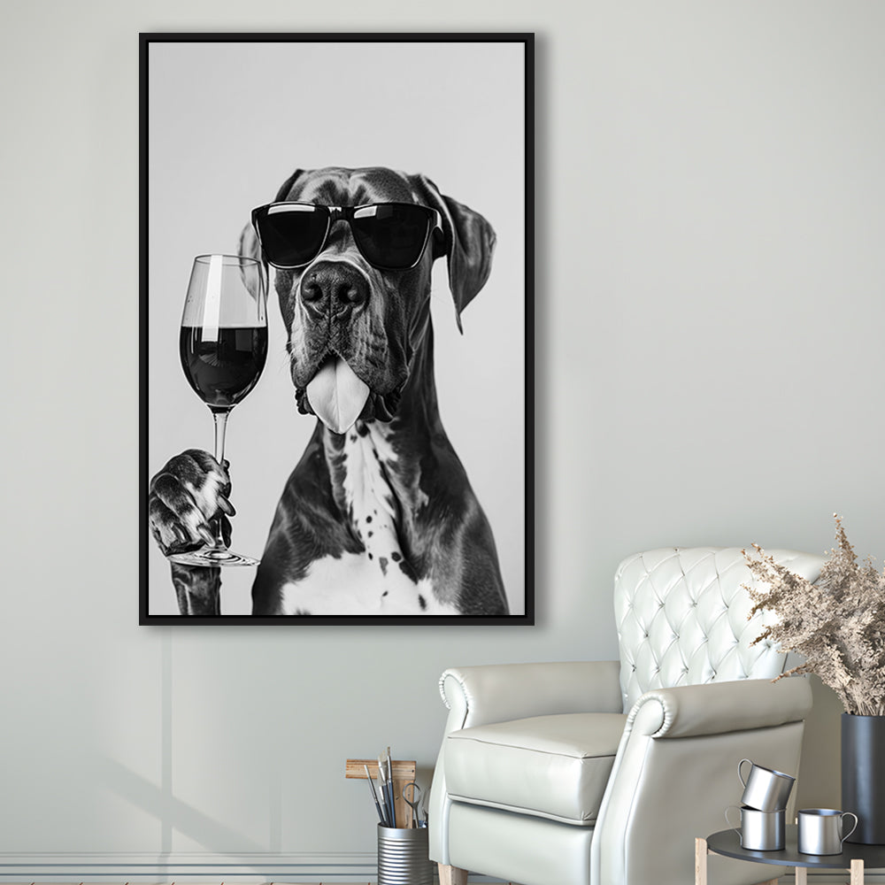 Great Dane Holding Wine Framed Canvas Print Wall Art, Black and White, Bar Cart Art, Kitchen Wall Decor
