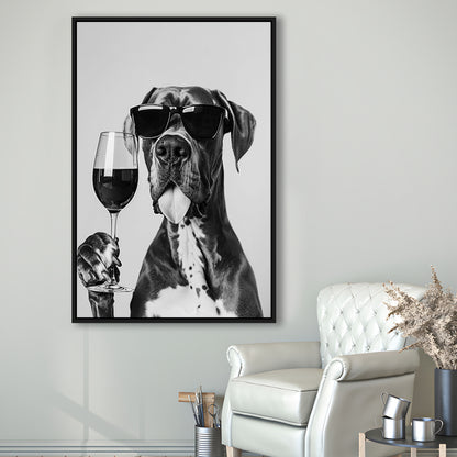 Great Dane Holding Wine Framed Canvas Print Wall Art, Black and White, Bar Cart Art, Kitchen Wall Decor