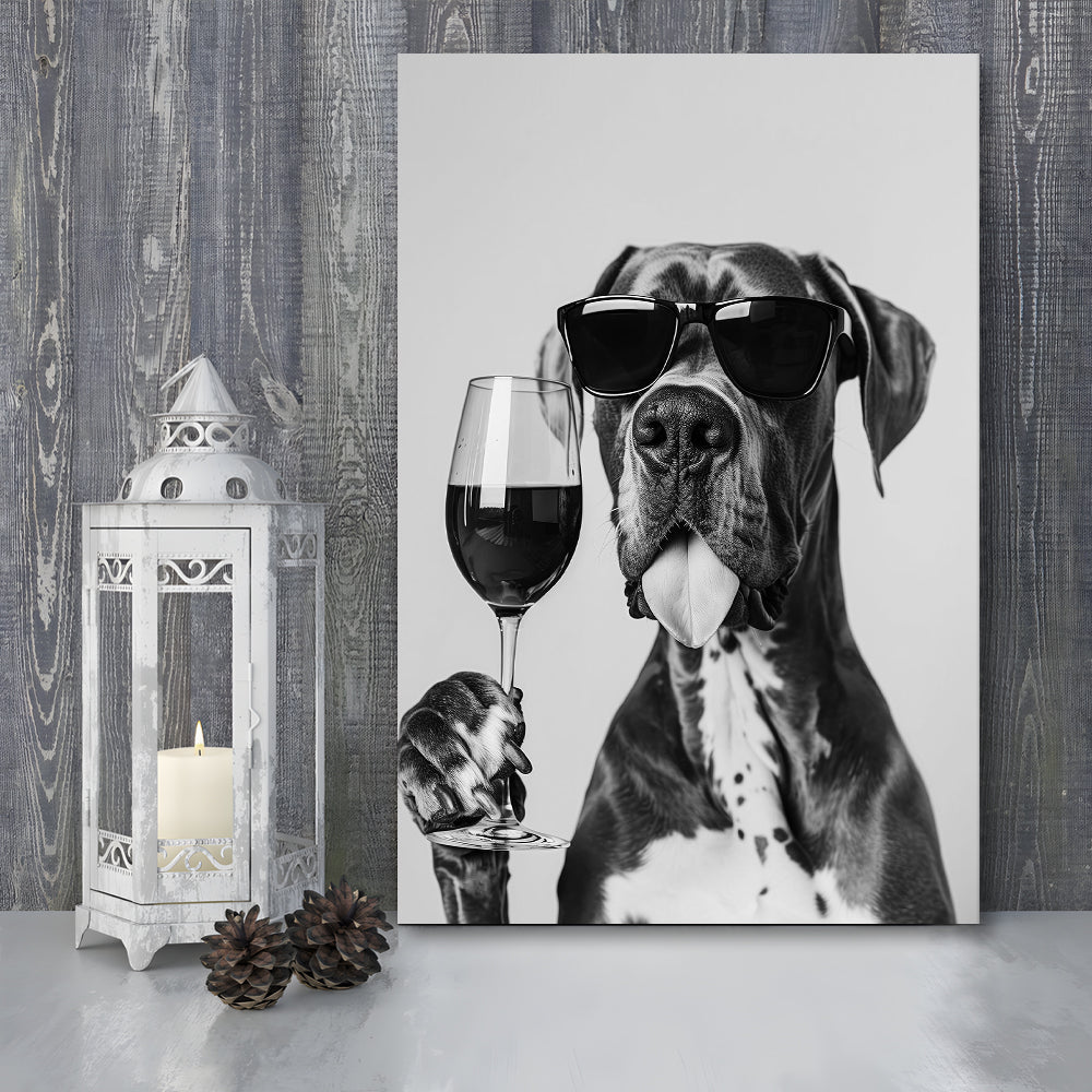 Great Dane Holding Wine Canvas Print Wall Art, Black and White, Bar Cart Art, Kitchen Wall Decor