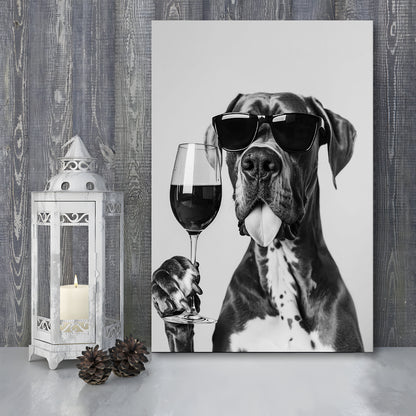 Great Dane Holding Wine Canvas Print Wall Art, Black and White, Bar Cart Art, Kitchen Wall Decor