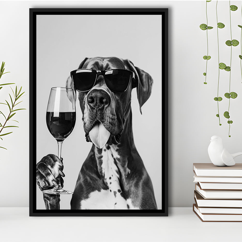 Great Dane Holding Wine Framed Canvas Print Wall Art, Black and White, Bar Cart Art, Kitchen Wall Decor