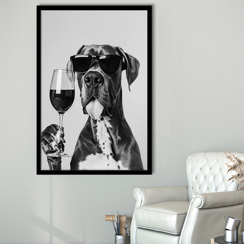 Great Dane Holding Wine Framed Art Print Wall Decor, Black and White, Bar Cart Art, Kitchen Wall Decor