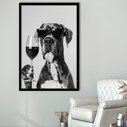 Great Dane Holding Wine Framed Art Print Wall Decor, Black and White, Bar Cart Art, Kitchen Wall Decor