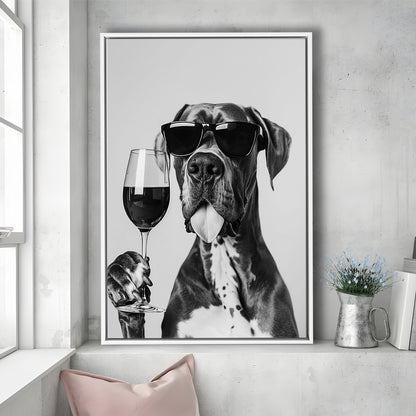 Great Dane Holding Wine Framed Canvas Print Wall Art, Black and White, Bar Cart Art, Kitchen Wall Decor