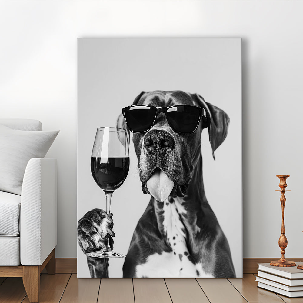 Great Dane Holding Wine Canvas Print Wall Art, Black and White, Bar Cart Art, Kitchen Wall Decor