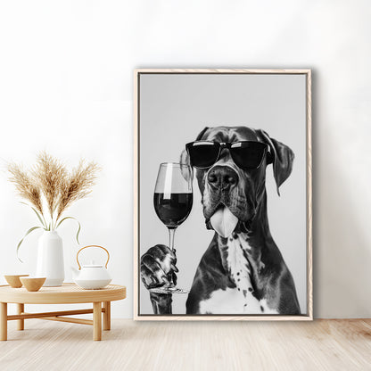 Great Dane Holding Wine Framed Canvas Print Wall Art, Black and White, Bar Cart Art, Kitchen Wall Decor