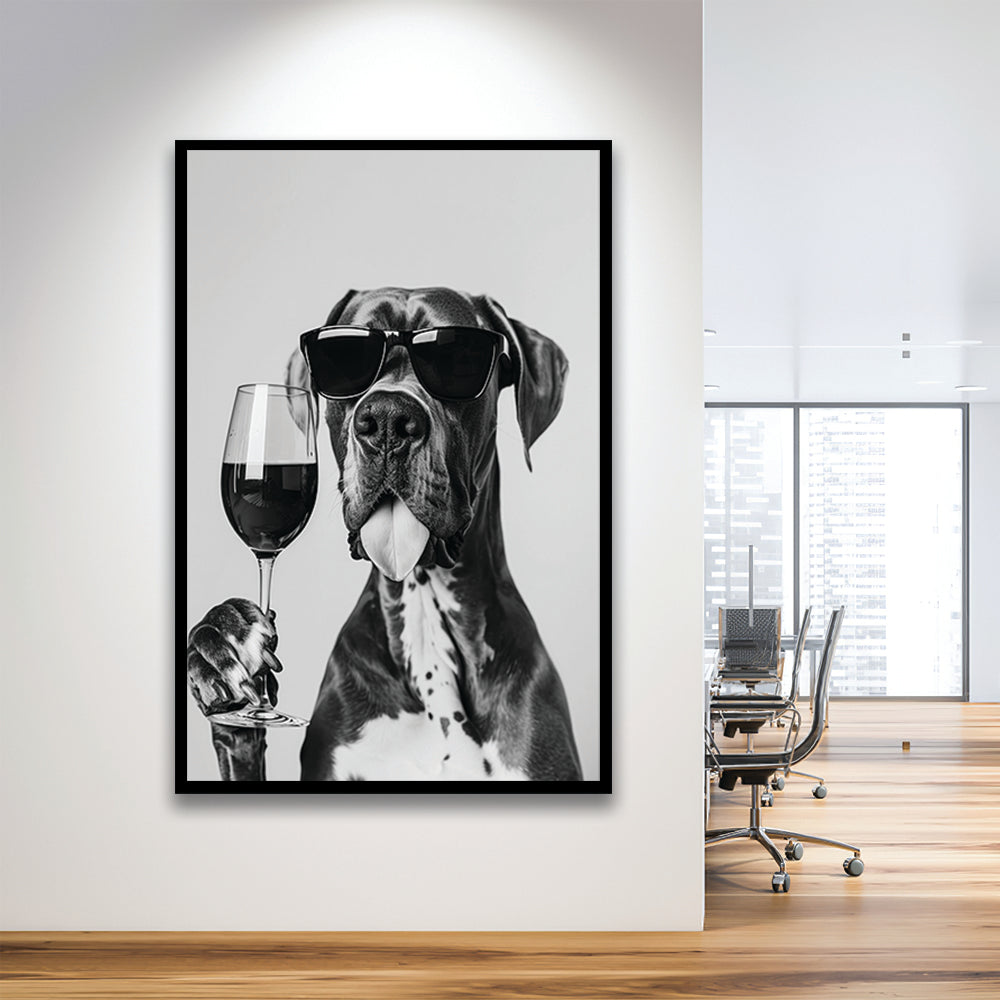 Great Dane Holding Wine Framed Art Print Wall Decor, Black and White, Bar Cart Art, Kitchen Wall Decor