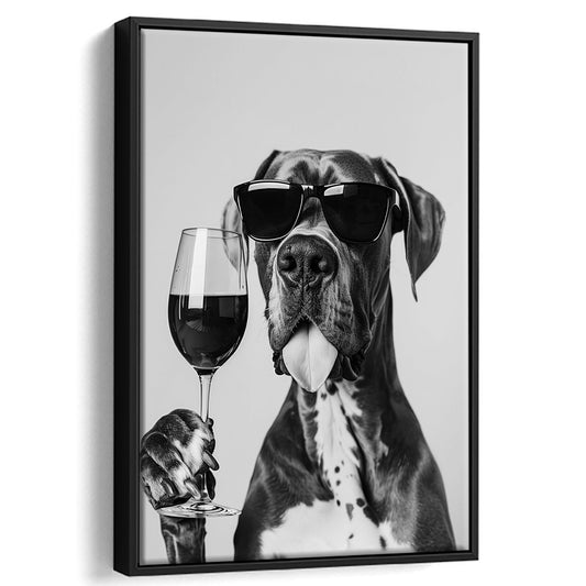 Great Dane Holding Wine Framed Canvas Print Wall Art, Black and White, Bar Cart Art, Kitchen Wall Decor