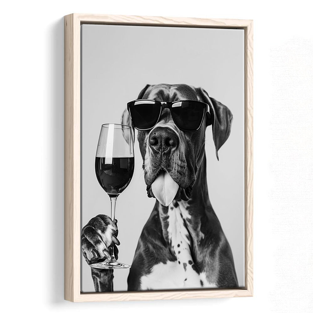 Great Dane Holding Wine Framed Canvas Print Wall Art, Black and White, Bar Cart Art, Kitchen Wall Decor