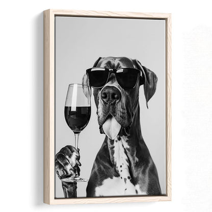 Great Dane Holding Wine Framed Canvas Print Wall Art, Black and White, Bar Cart Art, Kitchen Wall Decor