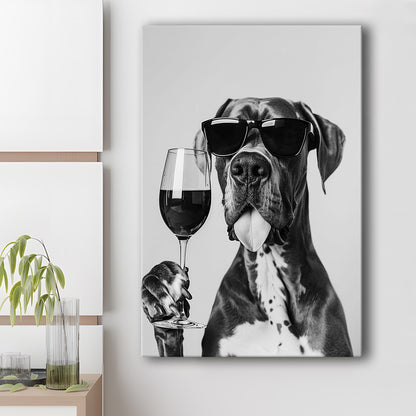 Great Dane Holding Wine Canvas Print Wall Art, Black and White, Bar Cart Art, Kitchen Wall Decor