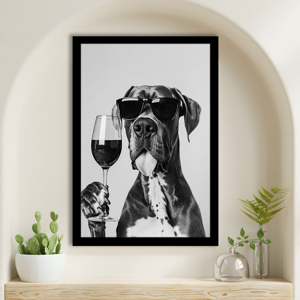 Great Dane Holding Wine Framed Art Print Wall Decor, Black and White, Bar Cart Art, Kitchen Wall Decor