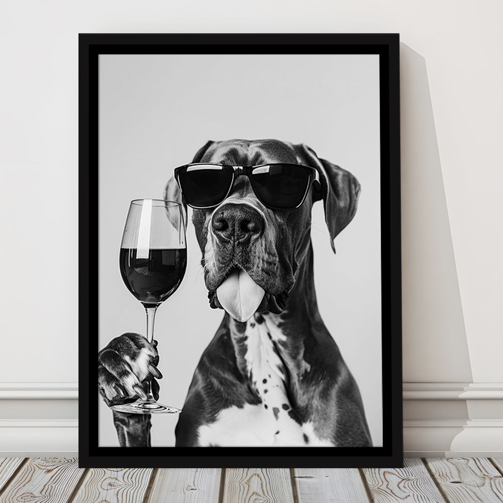 Great Dane Holding Wine Framed Canvas Print Wall Art, Black and White, Bar Cart Art, Kitchen Wall Decor