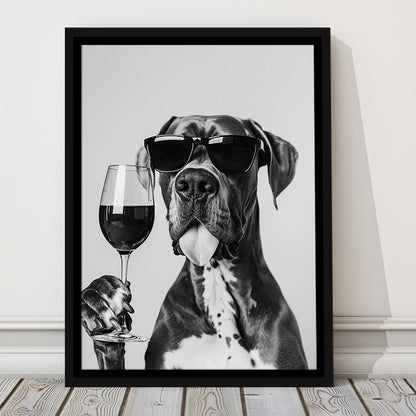 Great Dane Holding Wine Framed Canvas Print Wall Art, Black and White, Bar Cart Art, Kitchen Wall Decor