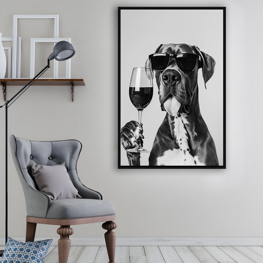 Great Dane Holding Wine Framed Canvas Print Wall Art, Black and White, Bar Cart Art, Kitchen Wall Decor