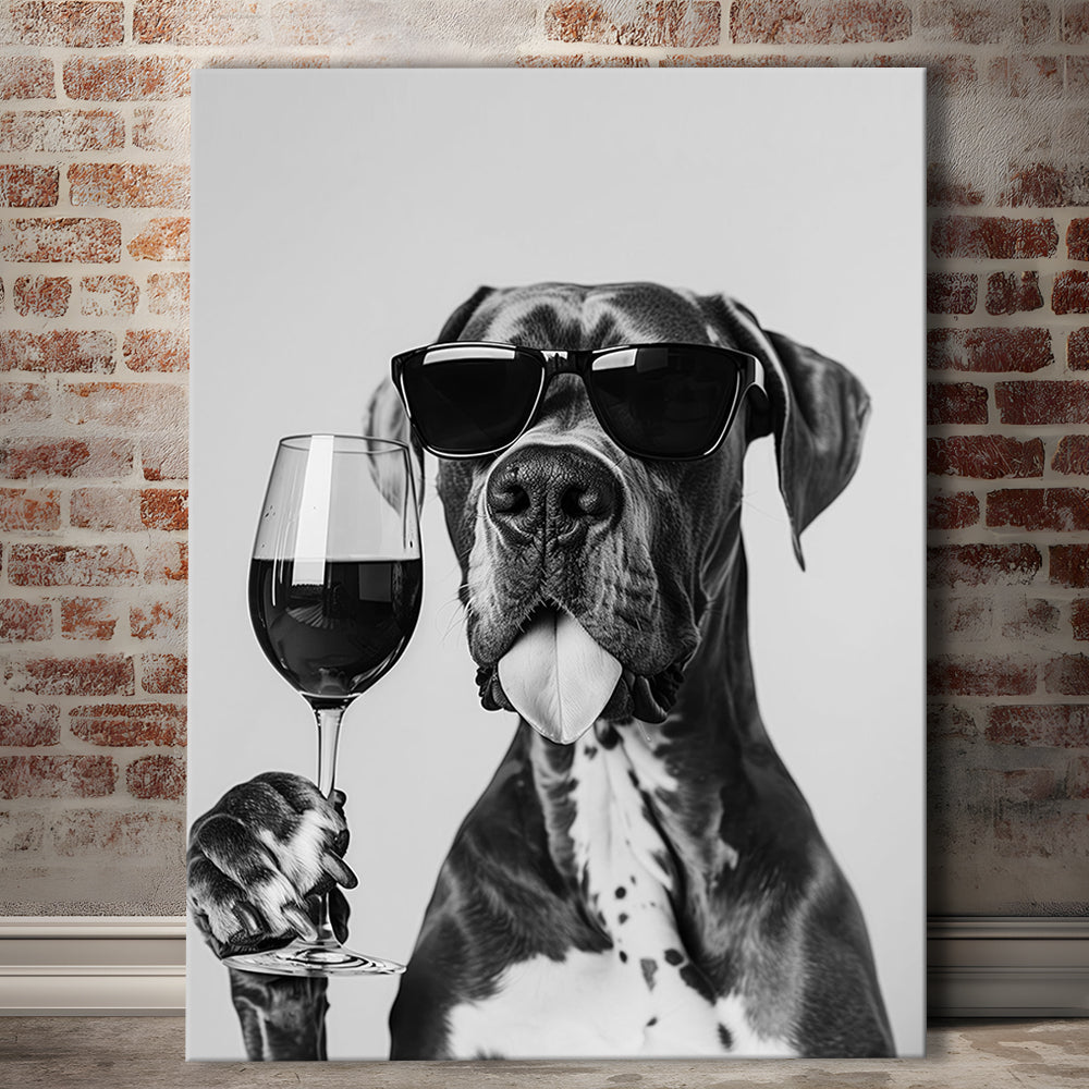 Great Dane Holding Wine Canvas Print Wall Art, Black and White, Bar Cart Art, Kitchen Wall Decor