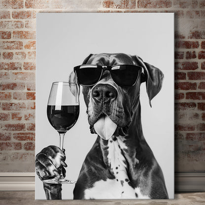 Great Dane Holding Wine Canvas Print Wall Art, Black and White, Bar Cart Art, Kitchen Wall Decor