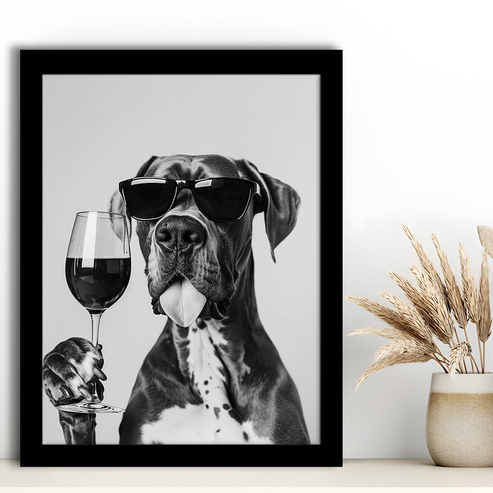 Great Dane Holding Wine Framed Art Print Wall Decor, Black and White, Bar Cart Art, Kitchen Wall Decor