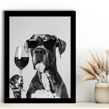 Great Dane Holding Wine Framed Art Print Wall Decor, Black and White, Bar Cart Art, Kitchen Wall Decor
