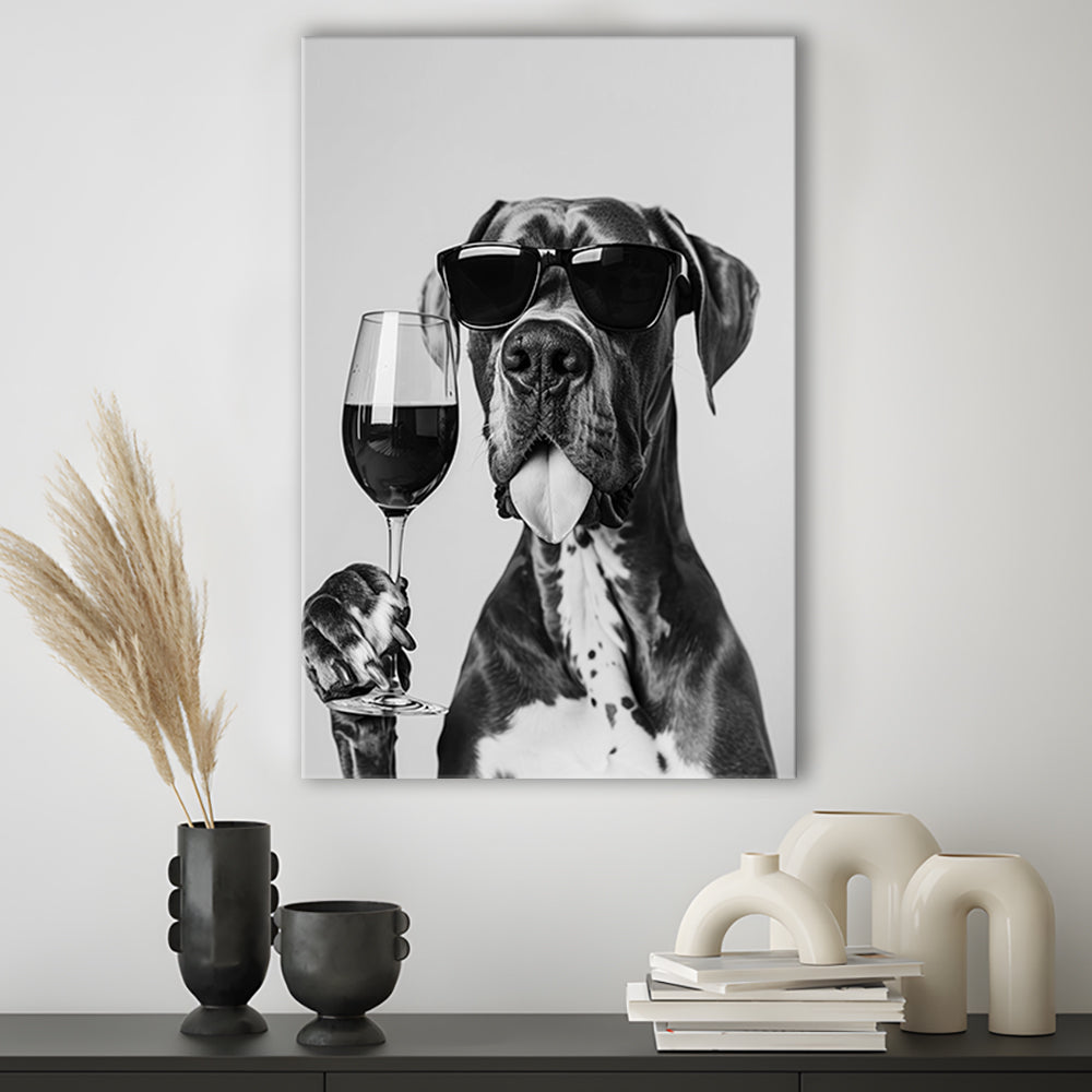 Great Dane Holding Wine Canvas Print Wall Art, Black and White, Bar Cart Art, Kitchen Wall Decor