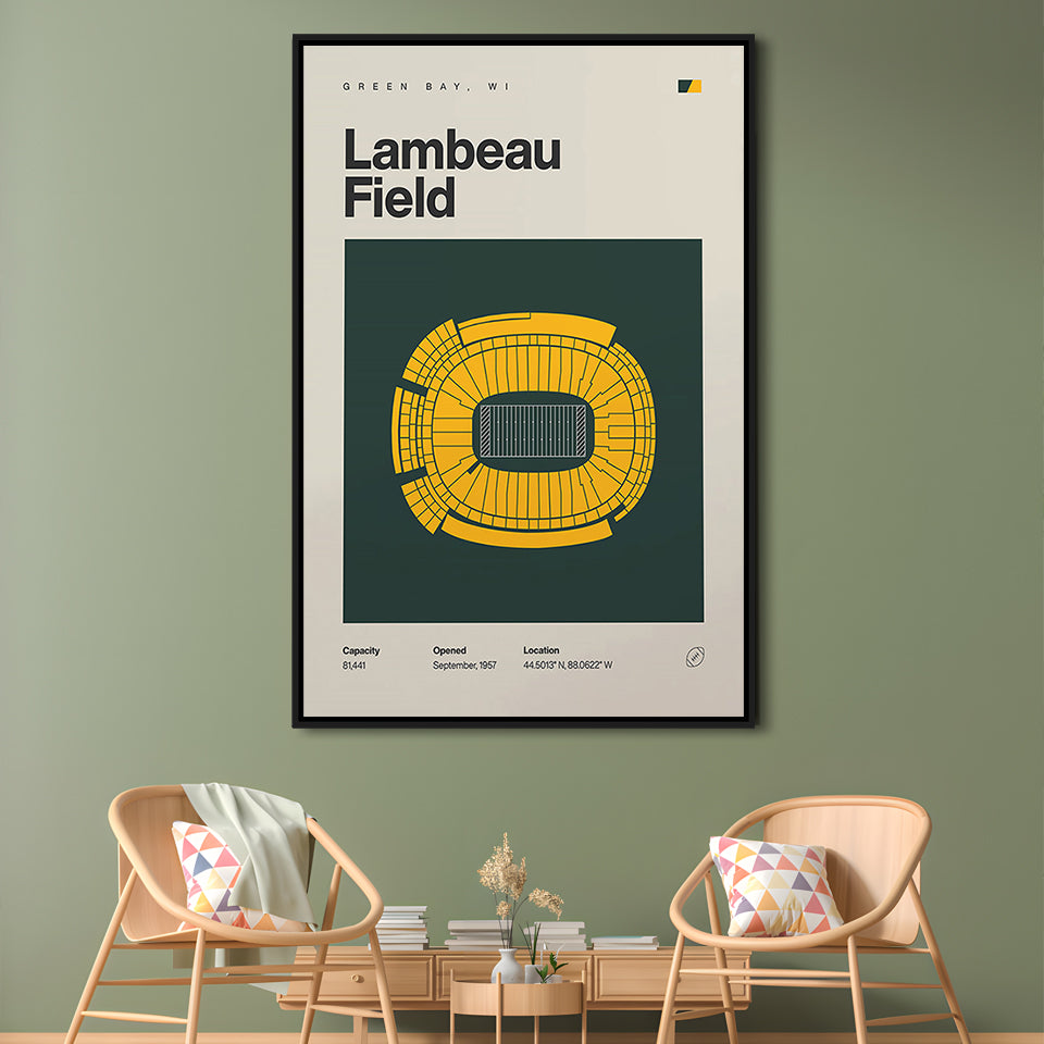 Green Bay Stadium Print, Lambeau Field Stadium Print, Man Cave Gift, Floating Framed Canvas Print Wall Art