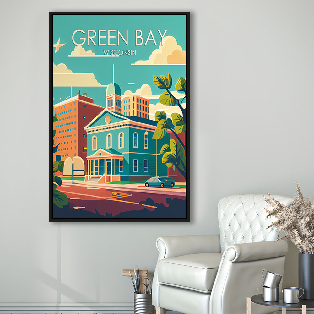 Green Bay Wisconsin Retro Art Print, Green Bay City Wall Art, Floating Framed Canvas Print, Framed Picture, Painting Canvas