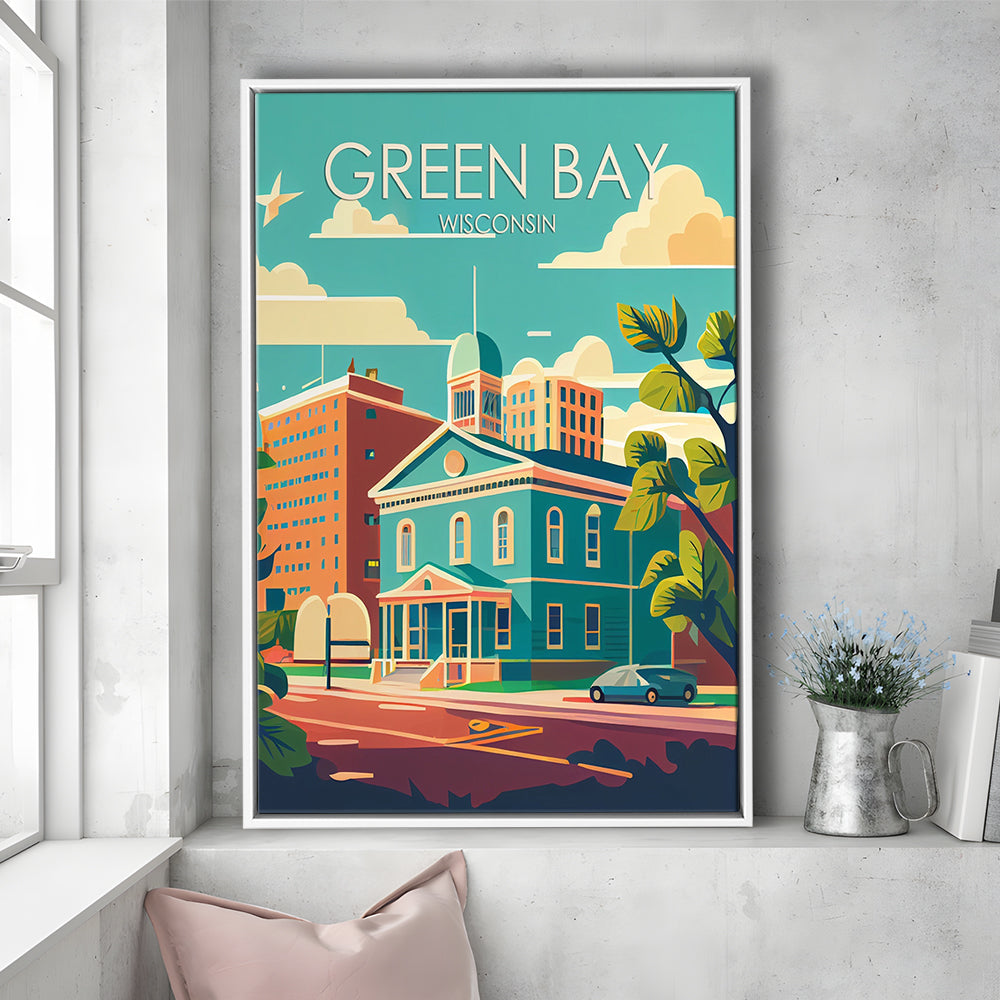 Green Bay Wisconsin Retro Art Print, Green Bay City Wall Art, Floating Framed Canvas Print, Framed Picture, Painting Canvas