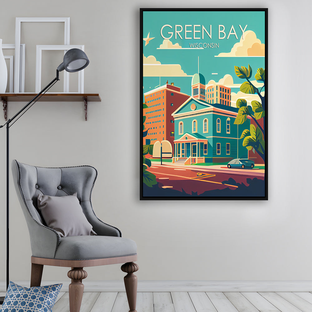 Green Bay Wisconsin Retro Art Print, Green Bay City Wall Art, Floating Framed Canvas Print, Framed Picture, Painting Canvas