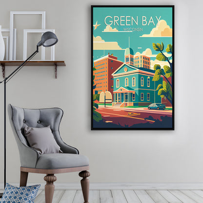 Green Bay Wisconsin Retro Art Print, Green Bay City Wall Art, Floating Framed Canvas Print, Framed Picture, Painting Canvas