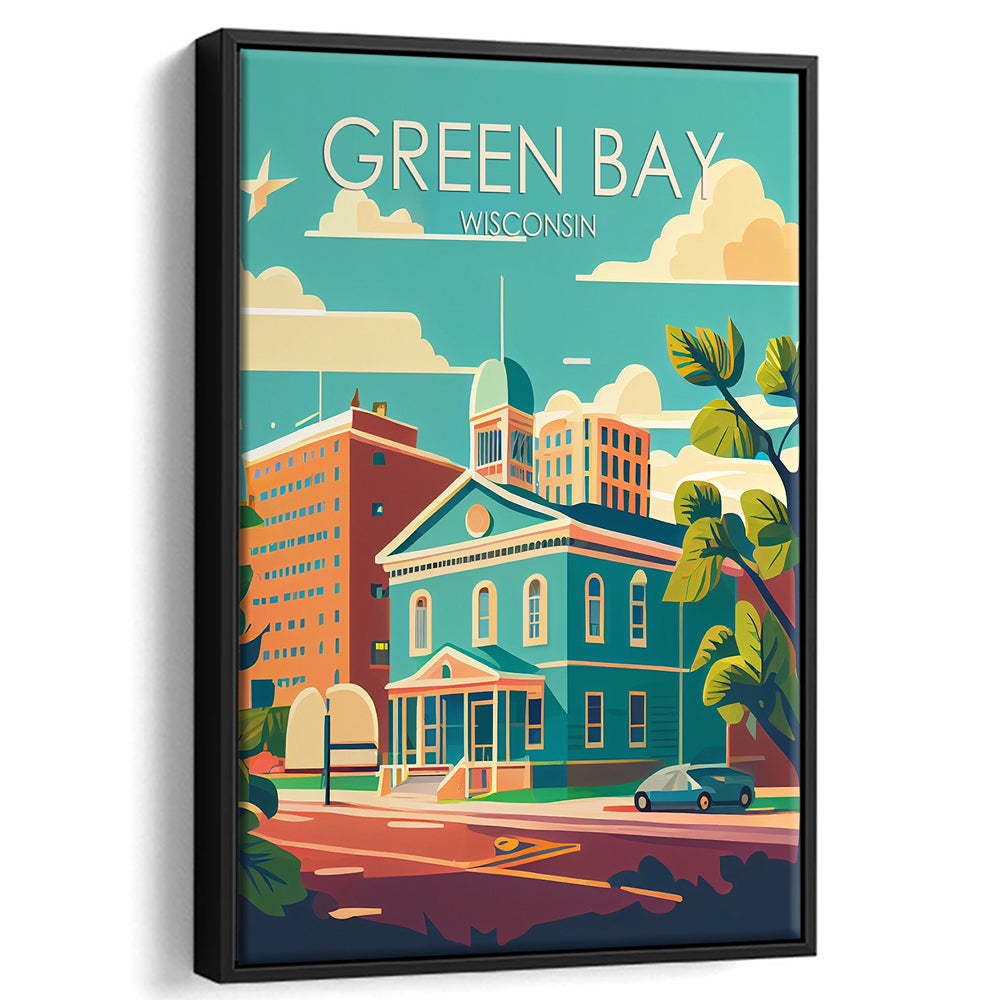 Green Bay Wisconsin Retro Art Print, Green Bay City Wall Art, Floating Framed Canvas Print, Framed Picture, Painting Canvas