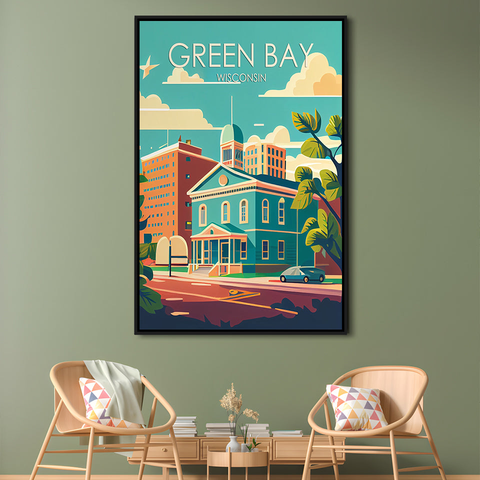 Green Bay Wisconsin Retro Art Print, Green Bay City Wall Art, Floating Framed Canvas Print, Framed Picture, Painting Canvas